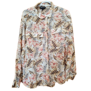 Simon Chang XL Tropical Print Sheer Long Sleeve Blouse w button cuffs & tie back